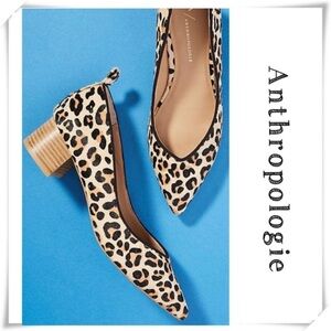 ANTHROPOLOGIE Beatriz Leopard Calfskin Pointed toe Block Heel Pumps in Beige